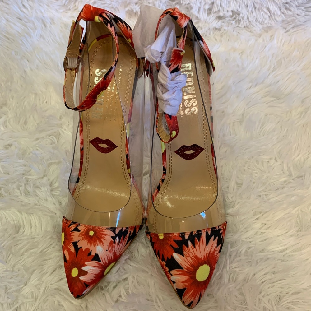 Red kiss floral and clear heels